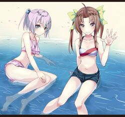  2girls ahoge alternate_costume aqua_eyes bare_arms bare_legs bare_shoulders barefoot beach bikini blush brown_hair collarbone commentary_request day frilled_bikini frills green_ribbons hair_ornament hair_ribbon hand_on_own_knee kagerou_(kancolle) kantai_collection letterboxed long_hair looking_at_viewer midriff multiple_girls navel open_hand outdoors partially_submerged pink_bikini pink_hair ponytail purple_eyes ribbon shallow_water shiranui_(kancolle) short_hair short_ponytail short_shorts shorts sitting smile swimsuit tenrai twintails water 