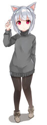  absurdres animal_ears arm_up blush boots braid brown_footwear brown_pantyhose closed_mouth commentary_request dress female full_body grey_hair grey_sweater highres long_sleeves looking_at_viewer original pantyhose red_eyes ruffling_hair shadow short_hair solo sora_(silent_square) standing sweater sweater_dress tsugumi-chan_(sora) turtleneck turtleneck_sweater white_background 