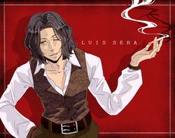  1boy ajent_n belt brown_hair character_name cigarette commentary_request long_hair luis_sera male_focus one_eye_closed open_mouth red_background resident_evil resident_evil_4 smoke solo yellow_eyes 