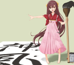  :d alternate_eye_color alternate_hair_color anchor barefoot bow brown_eyes brown_hair bucket calligraphy calligraphy_brush character_name commentary_request female hair_between_eyes hair_ribbon hairbow hakama hakama_skirt highres ink_on_face japanese_clothes kamikaze_(kancolle) kantai_collection kimono long_hair looking_at_viewer open_mouth outstretched_arm oversized_object paintbrush paper pink_hakama rasukaru ribbon skirt smile solo standing tasuki very_long_hair yellow_ribbon 