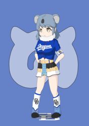  2017 absurd_res alternate_costume amber_eyes animal_humanoid armband baseball_(sport) baseball_uniform belt ben.jr. biped blue_background blue_clothing blue_theme bottomwear breasts chunichi_dragons clothing cosplay crossover digital_drawing_(artwork) digital_media_(artwork) female footwear front_view full-length_portrait fur grey_hair hair hands_behind_back hi_res human_and_animal_ears humanoid japanese kemono_friends knock-kneed koala koala_(kemono_friends) koala_humanoid legwear light_body light_skin looking_at_viewer mammal mammal_humanoid marsupial marsupial_humanoid medium_breasts midriff multi_ear neck_tuft nippon_professional_baseball open_mouth open_smile portrait shadow shoes signature simple_background skirt smile socks solo sport sportswear standing tan_body tan_skin tuft uniform vombatiform vombatiform_humanoid white_body white_fur 