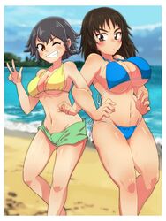  2girls ;) bad_id bad_twitter_id beach bikini bikini_shorts black_eyes black_hair blue_bikini blue_sky blurry blurry_background blush braid breasts brown_eyes cleavage clenched_hand closed_mouth cloud cloudy_sky commentary curvy day depth_of_field frown girls_und_panzer green_bikini grin happamushi large_breasts locked_arms long_hair looking_at_viewer medium_breasts mismatched_bikini multiple_girls murakami_(girls_und_panzer) navel ocean one_eye_closed outdoors pepperoni_(girls_und_panzer) short_hair shorts side-tie_bikini_bottom side_braid sky smile standing sweat swimsuit v-shaped_eyebrows w yellow_bikini 