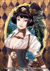  2017 argyle_background artist_name bag belt black_hair black_hat blue_eyes blue_flower blue_rose bracer breasts buckle buttons cleavage clock closed_mouth collared_shirt commentary_request corset eyelashes female floral_background flower gears goggles goggles_on_head handbag hat hat_ribbon looking_at_viewer medium_breasts mito_amatsu original pouch puffy_short_sleeves puffy_sleeves red_lips ribbon rose shirt short_hair short_sleeves skirt smile sparkle star_(symbol) star_print steampunk striped_clothes striped_skirt top_hat vertical-striped_clothes vertical-striped_skirt watermark white_shirt wing_collar 