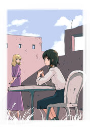  2girls arms_behind_back black_eyes black_hair black_skirt blonde_hair blue_sky chair cloud commentary_request dress grass interlocked_fingers kuma_(crimsonvanilla) long_hair looking_at_viewer maribel_hearn multiple_girls no_headwear outdoors own_hands_together purple_dress ruins shirt short_hair sitting skirt sky sleeves_rolled_up table touhou usami_renko white_shirt 