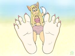  4:3 4_toes accessory anthro barefoot big_ears biped blonde_hair bottomwear claws clothing domestic_cat ear_piercing fangs feet felid feline felis female flower flower_in_hair foot_focus hair hair_accessory headband humanoid_feet long_hair long_tail mammal mintymousyx_(artist) paws piercing plant plantigrade shirt skirt smile soles solo source_request tail teeth toe_claws toes topwear 