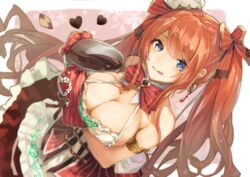  alice_(sennen_sensou_aigis) armband bare_shoulders blue_eyes blush bow bowl breasts candy chains chocolate chocolate_making cleavage closed_mouth collarbone commentary_request cookie cruel_gz dress female food frills hair_between_eyes hat heart heart-shaped_chocolate holding large_breasts long_hair looking_at_viewer mini_hat orange_hair oven_mitts red_bow red_ribbon ribbon sennen_sensou_aigis solo standing tongue tongue_out twintails very_long_hair yellow_ribbon 