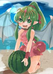  beach blue_sky commentary_request day dragon_wings female fire_emblem fire_emblem:_mystery_of_the_emblem fire_emblem_heroes food fruit green_eyes green_hair hair_ribbon highres long_hair matumuraaaa one-piece_swimsuit open_mouth outdoors pink_one-piece_swimsuit pointy_ears ponytail red_ribbon ribbon sky solo swimsuit tiara tiki_(fire_emblem) tiki_(young)_(fire_emblem) tiki_(young)_(summer)_(fire_emblem) watermelon wings 