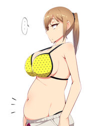  belly bikini bikini_top_only breasts brown_hair commentary_request female hayashi_custom highres large_breasts long_hair navel original photoshop_(medium) plump ponytail sachiko_(hayashi_custom) scrunchie shorts sideboob solo standing swimsuit 