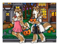  anthro barefoot building candy canid canine canis claws clothed clothing collie dessert digitigrade domestic_dog duo feet female food fruit grass halloween herding_dog holidays house kalika-tybera male mammal pastoral_dog plant pumpkin sheepdog toes tree 