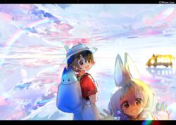  2girls animal_ears atsumi_jun backpack bag black_hair blue_sky blush bus chromatic_aberration cloud commentary_request hat hat_feather helmet holding_strap horizon japari_bus kaban_(kemono_friends) kemono_friends letterboxed looking_at_viewer looking_back lucky_beast_(kemono_friends) motor_vehicle multiple_girls outdoors pith_helmet rainbow red_shirt salar_de_uyuni scenery serval_(kemono_friends) shirt short_hair sky sleeveless sleeveless_shirt twitter_username water_world 