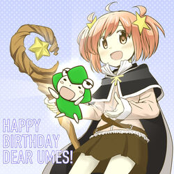  :d brown_skirt capelet commentary_request female hair_ornament happy_birthday highres holding holding_staff kirara_(kirara_fantasia) kirara_fantasia kyousuke_(orcein) open_mouth photoshop_(medium) pink_eyes pink_hair skirt smile staff star_(symbol) star_hair_ornament two_side_up ume-sensei 