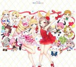  6+boys 6+girls absurdres ahoge alcohol animal_ears anniversary arm_up armpits arms_up backless_dress backless_outfit balloon bare_back black_dress black_legwear blonde_hair blue_eyes bottle bouquet brown_eyes brown_hair byulzzi castanic cat_ears cat_tail champagne champagne_bottle chibi closed_eyes coat copyright_name cup curly_hair dark_skin dog_ears dog_tail dress drill_hair drinking_glass earrings elbow_gloves elf elin fishnet_pantyhose fishnets flower formal gift gloves green_eyes hair_flower hair_ornament hairband hand_on_own_hip hand_to_own_mouth hands_on_own_face hat high_heels highres holding_hands horns jewelry leg_lift legs lion_ears lion_tail long_hair multiple_boys multiple_girls necklace oerba_yun_fang official_art official_wallpaper one_eye_closed open_mouth outstretched_arms pants pantyhose pink_dress pink_footwear pink_hair pointy_ears popori rabbit rabbit_ears rabbit_tail red_dress red_eyes red_footwear ribbon shoes short_dress short_hair single_bare_shoulder sleeveless sleeveless_dress smile standing standing_on_one_leg strapless strapless_dress suit tail teeth tera_online thighhighs twintails white_dress white_suit 