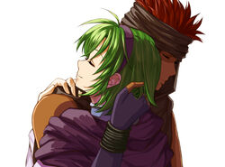  1boy cape commentary_request couple delsaber female fire_emblem fire_emblem:_the_blazing_blade gloves green_hair hairband hug jaffar_(fire_emblem) nino_(fire_emblem) purple_hairband red_hair short_hair smile straight 