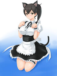  :o alternate_costume animal_ears apron black_hair blush bridal_garter brown_eyes cat_ears cat_tail commentary_request dress female highres kaga_(kancolle) kantai_collection maid paw_pose rasukaru seiza side_ponytail sitting solo tail waist_apron wrist_cuffs 