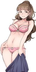  blush bra breasts brown_hair cleavage commentary_request cowboy_shot embarrassed female groin highres idolmaster idolmaster_cinderella_girls kamiya_nao large_breasts long_hair looking_away meganei navel panties red_eyes simple_background skirt solo thighs underwear undressing unworn_skirt 