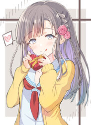  :q bad_id bad_pixiv_id blue_eyes blush box braid closed_mouth commentary_request female flower gift gift_box grey_hair hair_flower hair_ornament head_tilt heart heart-shaped_box highres holding holding_gift idolmaster idolmaster_cinderella_girls idolmaster_cinderella_girls_starlight_stage jacket kobayakawa_sae long_hair long_sleeves neckerchief open_clothes open_jacket pink_flower pink_rose red_neckerchief rose sailor_collar school_uniform serafuku shirt side_braid sleeves_past_wrists smile solo spoken_heart tongue tongue_out twin_braids ultone_(neisiss) white_sailor_collar white_shirt yellow_jacket 