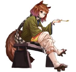  :3 animal_ears bench brown_eyes brown_hair crossed_legs female full_body futatsuiwa_mamizou geta glasses highres kiseru looking_at_viewer nob1109 raccoon_ears raccoon_tail sandals sitting smoking_pipe solo tail touhou white_background 