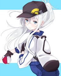  bag baseball_cap blue_eyes commentary_request cosplay female female_protagonist_(pokemon_go) female_protagonist_(pokemon_go)_(cosplay) gloves hat hibiki_(kancolle) highres kantai_collection kiyomin long_hair looking_at_viewer poke_ball poke_ball_(basic) pokemon pokemon_go smile solo white_hair 