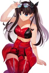  adjusting_eyewear arm_support bare_shoulders black_bow blue_eyes boots bow breasts brown_hair chinese_commentary cleavage clothes_around_waist commentary fate/grand_order fate/stay_night fate_(series) female from_above gaoyang_ou_nisang glasses hairbow highres jacket jacket_around_waist long_hair photoshop_(medium) simple_background smile solo sunglasses thigh_boots thighhighs tohsaka_rin tohsaka_rin_(type-moon_racing) two_side_up white_background 