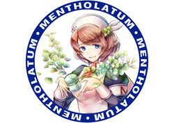  armband blue_eyes border brown_hair commentary_request copyright_name female hair_ornament hairclip hat hat_ornament little_nurse looking_at_viewer mentholatum nurse nurse_cap open_mouth round_image solo tarayuki upper_body 