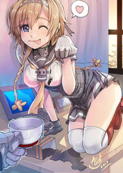  asdj blue_eyes boots bra braid breasts commentary computer cup female gloves hair_ornament hairband heart highres kantai_collection kneehighs kneeling laptop light_brown_hair medium_breasts miniskirt one_eye_closed paw_pose photoshop_(medium) propeller_hair_ornament red_bra skirt socks solo spoken_heart teacup teruzuki_(kancolle) tongue tongue_out twin_braids underwear wet wet_clothes white_socks 