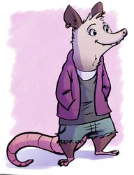  2017 american_opossum anthro barefoot biped bottomwear clothed clothing denim denim_clothing ear_piercing feet female fuel_(artist) hand_in_pocket hands_in_both_pockets hi_res mammal marsupial piercing pockets sharp_teeth shorts smile solo standing teeth virginia_opossum zelda_(fuel) 