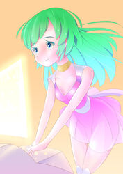  android bad_id bad_pixiv_id blue_eyes choujikuu_seiki_orguss control_station dress female green_hair highres holographic_interface holographic_keyboard holographic_monitor lolicon maimai-dou mome_(orguss) orguss photoshop_(medium) science_fiction skirt solo spacecraft_interior 