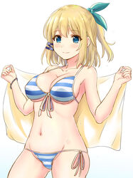  absurdres aqua_eyes ass_visible_through_thighs bikini blonde_hair bracelet breasts cleavage closed_mouth commentary_request contrapposto cowboy_shot female front-tie_bikini_top front-tie_top groin hair_ornament hair_ribbon hairclip highres inanaki_shiki jewelry large_breasts navel one_side_up ribbon rokudenashi_majutsu_koushi_to_akashic_record rumia_tingel short_hair side-tie_bikini_bottom smile solo standing striped_bikini striped_clothes swimsuit towel tress_ribbon underboob 