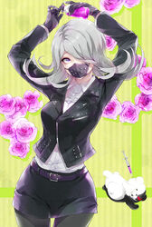  danganronpa danganronpa_3 female kimura_seiko mask monokuma one_eye_covered pantyhose purple_eyes surgical_mask white_hair 