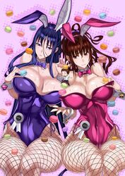  1boy 2girls animal_ears asai_toshihiro bad_id bad_twitter_id blue_eyes blue_hair breasts brown_hair cleavage earrings english_text engrish_text fake_animal_ears fishnet_pantyhose fishnets food highleg highleg_leotard honjou_raita jewelry kuramoto_erika large_breasts leotard long_hair lying macaron mahou_shoujo_(raita) multiple_girls on_back pantyhose playboy_bunny rabbit_ears ranguage side-tie_leotard suzuhara_misae sweat 