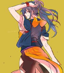  arm_above_head bad_id bad_twitter_id blue_eyes blue_hair female fire_emblem fire_emblem_fates highres japanese_clothes kimono long_hair looking_at_viewer oboro_(fire_emblem) smile solo toned torisudesu 