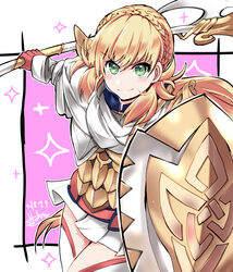  armor blonde_hair braid commentary_request crown_braid female fensalir fire_emblem fire_emblem_heroes gloves green_eyes halberd highres holding holding_polearm holding_shield holding_weapon hoshino_(pixiv12796893) long_hair long_sleeves photoshop_(medium) polearm scale_armor sharena_(fire_emblem) shield signature skirt solo thighhighs weapon white_skirt zettai_ryouiki 