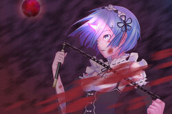  black_dress black_ribbon blood blood_on_face blue_eyes blue_hair breasts chains commentary_request detached_sleeves dress female glowing_horns hair_ornament hairband highres holding holding_weapon horns long_sleeves maid motion_blur oni parted_lips re:zero_kara_hajimeru_isekai_seikatsu rem_(re:zero) ribbon ribbon-trimmed_collar ribbon_trim roswaal_mansion_maid_uniform serious short_hair single_horn sleeveless sleeveless_dress small_breasts solo taro_(bocemon0807) upper_body weapon wide_sleeves x_hair_ornament 