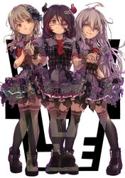  3girls ahoge bad_id bad_pixiv_id boots bow braid brown_eyes chains checkered commentary eyepatch fake_horns full_body grey_eyes grey_hair grin hair_between_eyes hair_ornament hairbow hairclip hayasaka_mirei highres holding_hands horn_band_legwear horn_ornament horns hoshi_syoko idol idolmaster idolmaster_cinderella_girls idolmaster_cinderella_girls_starlight_stage individuals_(idolmaster) light_brown_hair long_hair looking_at_viewer morikubo_nono multicolored_hair multiple_girls necktie oerba_yun_fang open_mouth purple_hair sanmon_(mekko0929) short_hair single_braid skirt smile thighhighs white_background yoyoyo_(dxayo) 