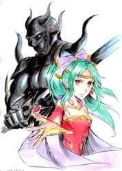  1boy armor bow breasts cape cecil_harvey cleavage closed_mouth commentary_request dark_knight_(final_fantasy) detached_sleeves dissidia_final_fantasy dress earrings elbow_gloves female final_fantasy final_fantasy_iv final_fantasy_vi gloves green_hair hair_ribbon jewelry long_hair ponytail ribbon sio2_(nisankakeiso) sword terra_branford weapon 