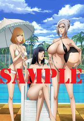  3girls bikini breasts cleavage glasses hair_bun highres huge_breasts j.c._staff kurihara_mari_(prison_school) large_breasts lips long_hair midorikawa_hana multiple_girls official_art prison_school shiraki_meiko silver_hair swimsuit taniguchi_jun&#039;ichirou umbrella 