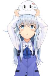  bad_id bad_pixiv_id black_eyes blue_bow blue_hair blue_ribbon blue_vest blush bow chestnut_mouth closed_mouth collared_shirt commentary_request cosplay crossover dress_shirt female gochuumon_wa_usagi_desu_ka? hair_between_eyes hibiki_(kancolle) highres jpeg_artifacts kafuu_chino kafuu_chino_(cosplay) kantai_collection long_hair long_sleeves looking_up miss_cloud neck_ribbon on_head osananajimi_neko rabbit_house_uniform red_bow ribbon shirt simple_background vest wavy_mouth white_background wing_collar 