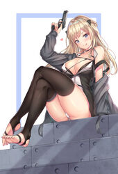  arm_support artistic_error black_thighhighs blonde_hair blue_eyes blush breasts cenangam cleavage clothes_down collarbone collared_shirt commentary_request crossed_legs daewoo_k5 female girls&#039;_frontline gun hair_ornament halterneck handgun highres k5_(girls&#039;_frontline) large_breasts licking_lips long_hair looking_at_viewer md5_mismatch panties pantyshot shirt sitting skindentation sleeveless sleeveless_shirt solo thighhighs thighs tongue tongue_out underwear weapon white_panties wrong_foot 