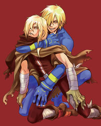  2boys blonde_hair boots cape commentary_request dual_persona full_body looking_at_viewer male_focus multiple_boys oversized_limbs rebasashi selfcest sharp_teeth simple_background teeth tengen_toppa_gurren_lagann viral_(ttgl) yaoi yellow_eyes 