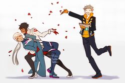  1boy 1other androgynous arm_up black_jacket black_pants blanche_(pokemon) brown_footwear candela_(pokemon) commentary_request dancing dark_skin female houdi_nguyen jacket leg_up long_hair long_sleeves open_clothes open_jacket open_mouth pants pantyhose petals pokemon pokemon_go protected_link rose_petals shoes simple_background smile spark_(pokemon) standing standing_on_one_leg throwing uniform watermark white_background white_hair 