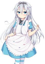  alice_(alice_in_wonderland) alice_(alice_in_wonderland)_(cosplay) alice_in_wonderland apron black_bow black_ribbon blue_dress blue_eyes bow commentary_request cosplay cowboy_shot dress female frilled_apron frills hair_ribbon hibiki_(kancolle) kantai_collection long_hair looking_at_viewer pantyhose ribbon simple_background solo standing striped_clothes striped_pantyhose white_apron white_background white_hair wrist_cuffs yoshikita_popuri 