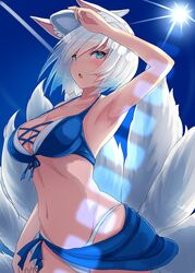  :o animal_ears arm_up armpits azur_lane bikini blue_bikini blue_eyes blue_sarong blue_sky blush breasts cleavage commentary_request day female fox_ears fox_tail front-tie_top groin highleg highleg_bikini kaga_(azur_lane) kaga_(everlasting_killing_stone)_(azur_lane) large_breasts looking_at_viewer mask multiple_tails navel official_alternate_costume opanchu_(hakusen) open_mouth outdoors sarong short_hair sky solo stomach sun sunlight swimsuit tail tsurime white_hair 