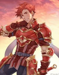  1boy armor bad_id bad_twitter_id blood blood_on_face breastplate cain_(fire_emblem:_shadow_dragon) fire_emblem fire_emblem:_mystery_of_the_emblem fire_emblem:_new_mystery_of_the_emblem fire_emblem:_shadow_dragon fire_emblem:_shadow_dragon_and_the_blade_of_light gloves highres holding holding_sword holding_weapon looking_at_viewer male_focus pauldrons red_armor red_eyes red_hair scarf shoulder_armor smile solo spiked_hair sword tecchen weapon 