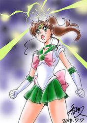  2018 antenna bishoujo_senshi_sailor_moon bow brown_hair choker clenched_hands dated earrings elbow_gloves female gloves green_eyes highres jewelry kagawa_hisashi kino_makoto lightning long_hair magical_girl open_mouth pink_bow ponytail sailor_jupiter school_uniform serafuku serious signature solo tiara 