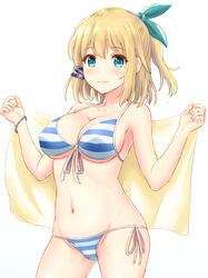  aqua_eyes ass_visible_through_thighs bikini blonde_hair bracelet breasts cleavage closed_mouth commentary_request contrapposto cowboy_shot female front-tie_bikini_top front-tie_top hair_ribbon highres inanaki_shiki jewelry large_breasts navel one_side_up ribbon rokudenashi_majutsu_koushi_to_akashic_record rumia_tingel short_hair side-tie_bikini_bottom smile solo standing striped_bikini striped_clothes swimsuit towel tress_ribbon 