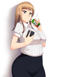  bra breasts brown_hair buttons cellphone commentary_request drinking female green_eyes hayashi_custom highres huge_breasts juice_box long_hair original phone photoshop_(medium) pinky_out sachiko_(hayashi_custom) shirt skirt smartphone solo standing underwear 