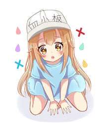  +_+ between_legs blue_shirt blush_stickers brown_eyes commentary_request female flat_cap hair_between_eyes hand_between_legs hat hataraku_saibou light_brown_hair long_hair open_mouth platelet_(hataraku_saibou) round_teeth satori_(ymoy) shirt short_sleeves sitting solo teeth translation_request twitter_username upper_teeth_only very_long_hair wariza water_drop white_background white_hat 