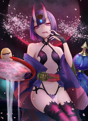  alcohol bad_id bad_pixiv_id breasts cherry_blossoms cup eyebrows fangs fate/grand_order fate_(series) female finger_to_mouth food fruit gourd grapes highres holding horns japanese_clothes kimono looking_at_viewer moon nail_polish obi oni open_mouth purple_eyes purple_hair red_moon revealing_clothes sakata_kintoki_(fate) sakazuki sake sash short_hair short_kimono shuten_douji_(fate) skin-covered_horns small_breasts smile solo thighhighs wakamezake yukihama 