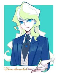  blonde_hair blue_eyes blue_necktie character_name colored_skin commentary_request diana_cavendish earrings female jewelry little_witch_academia long_hair looking_at_viewer milk_puppy necktie open_mouth shirt smile solo white_shirt white_skin 