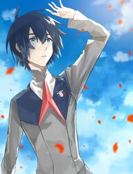  1boy black_hair blue_eyes blue_sky cloud cloudy_sky commentary darling_in_the_franxx day haisato_(ddclown14) hand_up hiro_(darling_in_the_franxx) long_sleeves male_focus military military_uniform necktie petals red_necktie sky solo uniform 